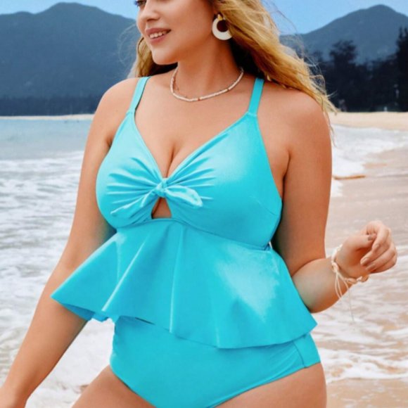 NWOT SHEIN Leisure Plus Ruffle Hem Knot Front Bikini Swimsuit - Picture 1 of 5